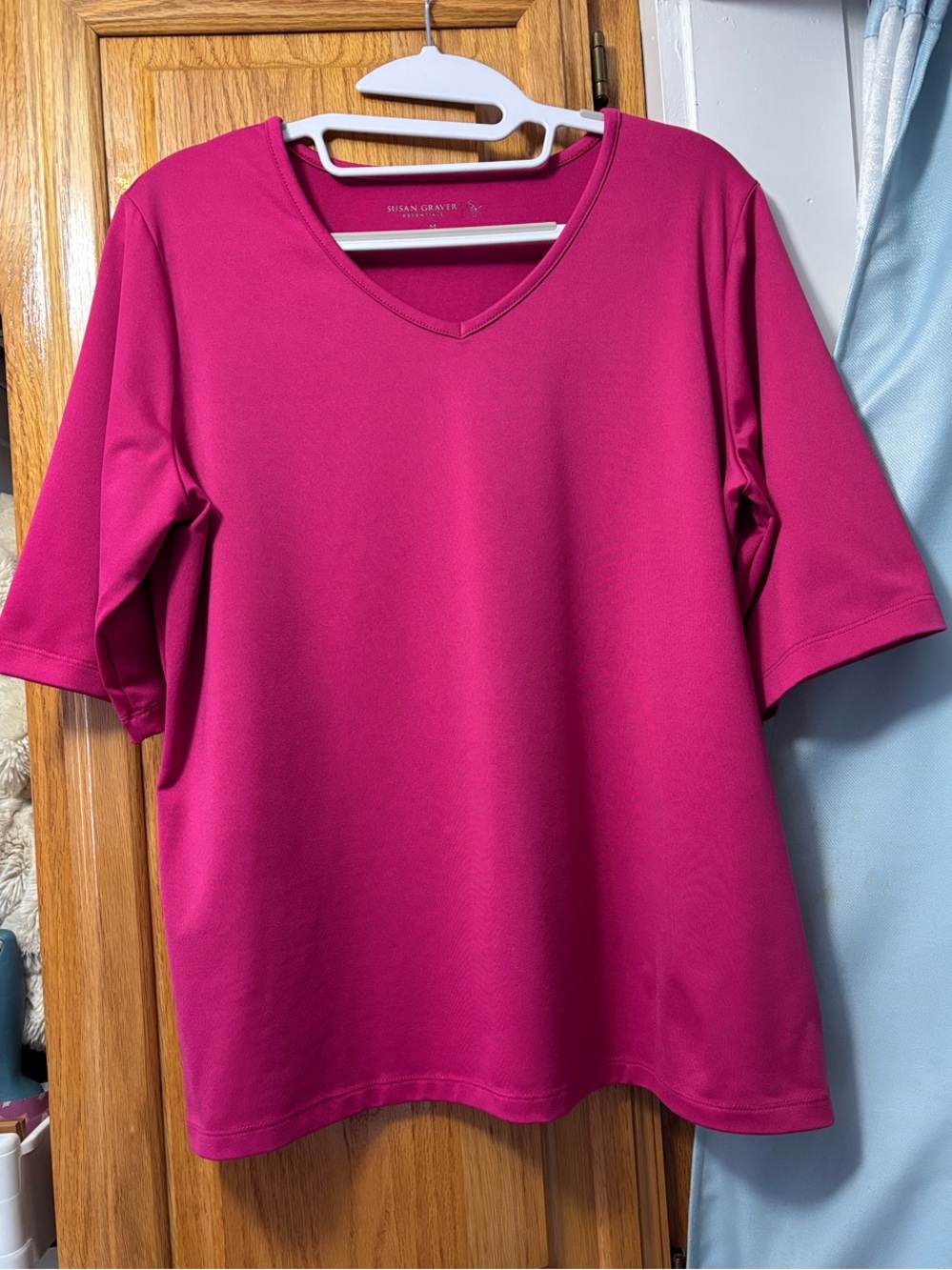 Susan Graver Raspberry V-Neck Short Sleeve Knit Top